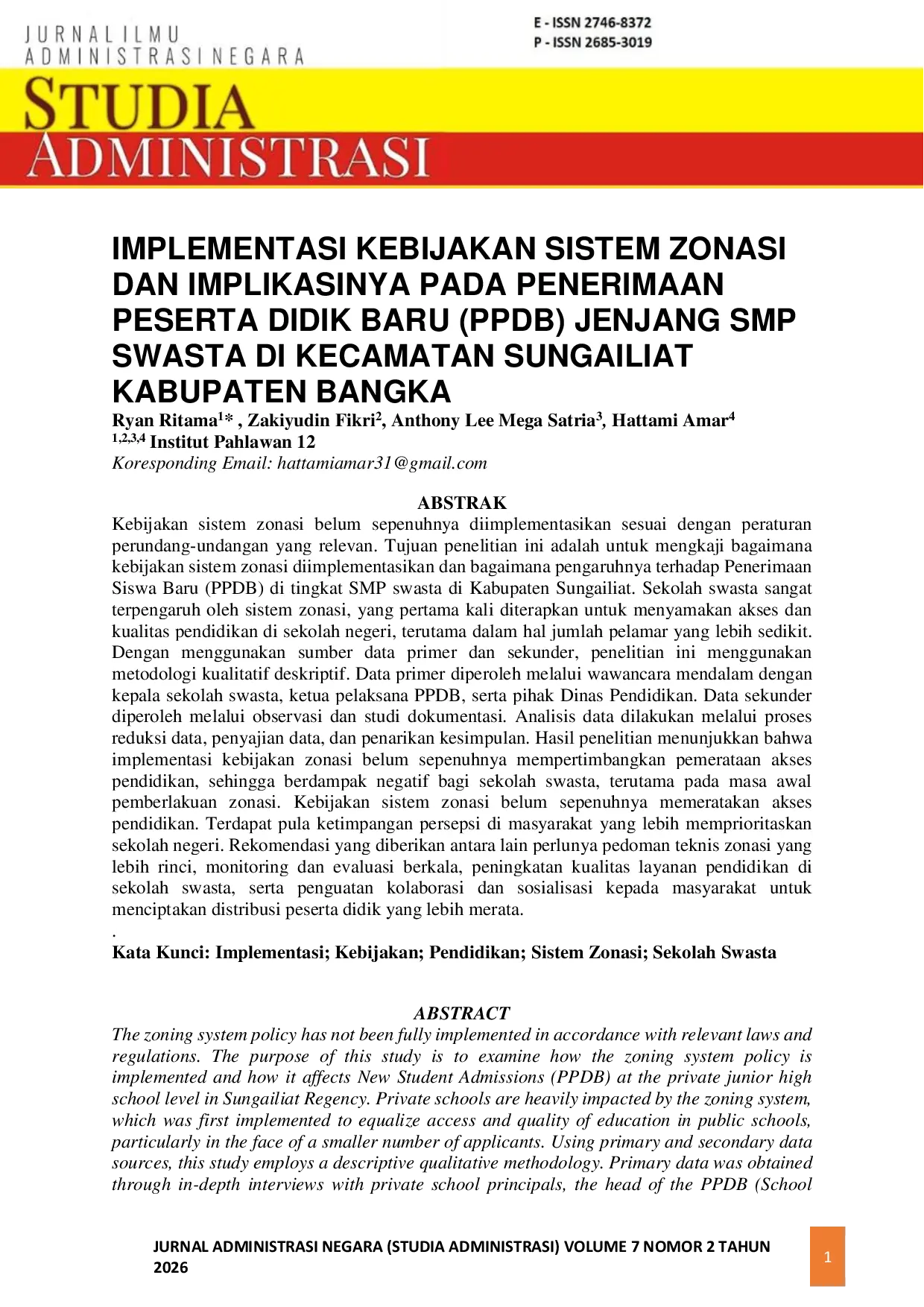 JURIS Implementasi Kebijakan Sistem Zonasi dan Implikasinya pada Penerimaan Peserta Didik Baru PPDB Jenjang SMP Swasta di Kecamatan Sungailiat Kabupaten Bangka