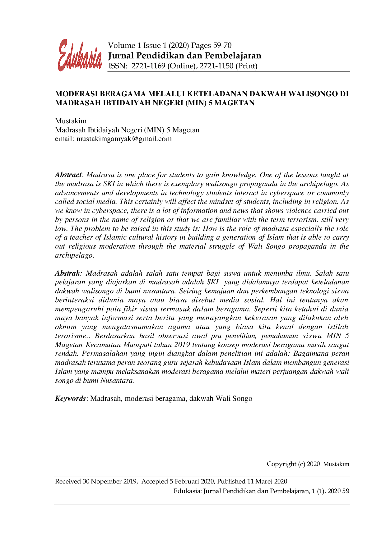 JURIS Moderasi Beragama Melalui Keteladanan Dakwah Walisongo di Madrasah Ibtidaiyah Negeri MIN 5 Magetan