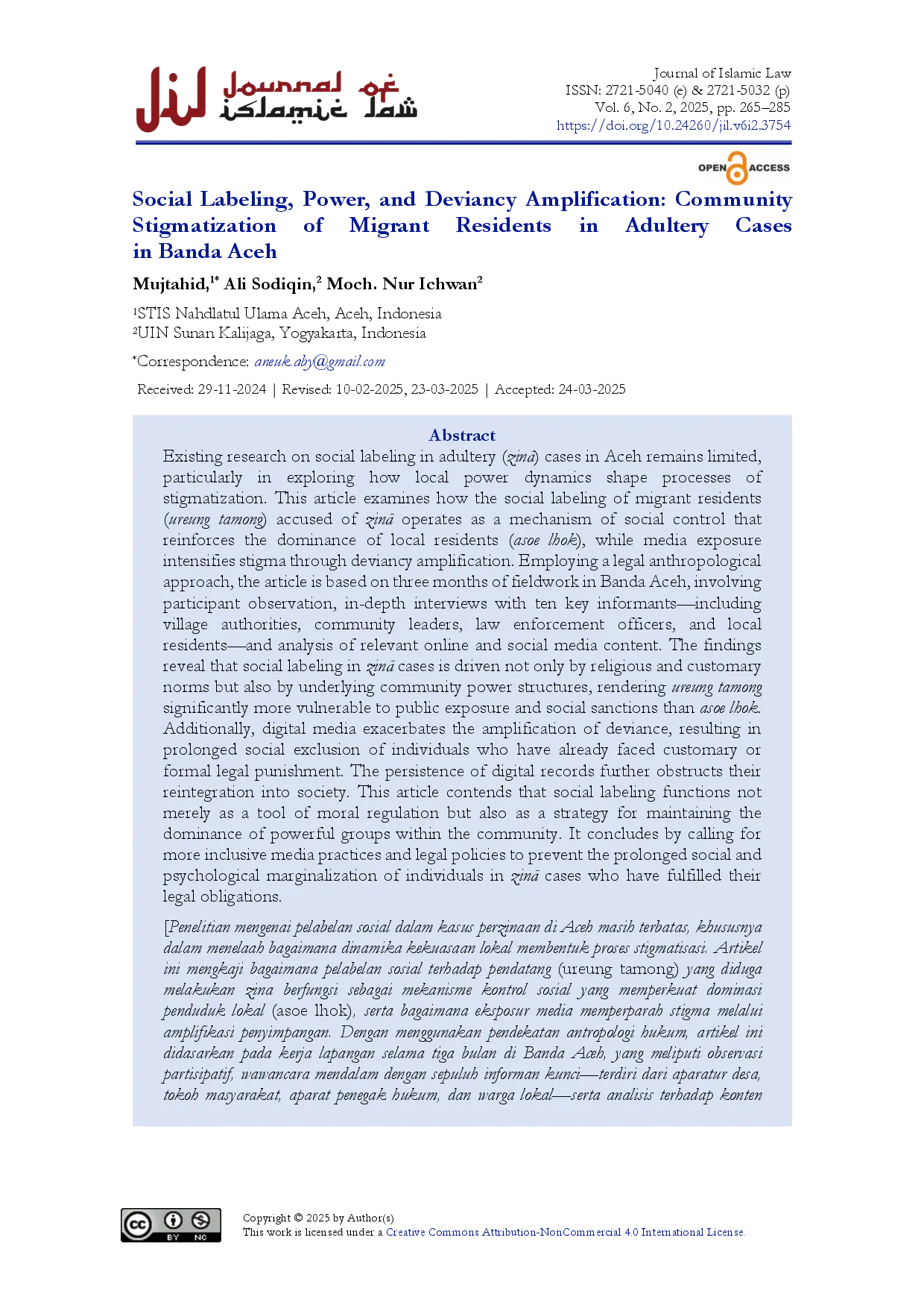 juris Social Labeling Power and Deviancy Amplification Community Stigmatization of Migrant Residents in Adultery Cases in Banda Aceh