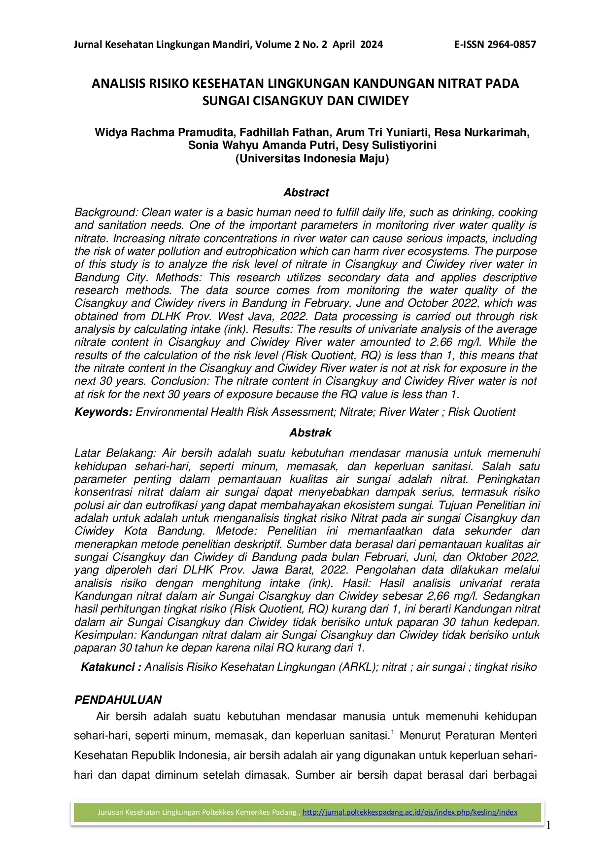 JURIS Analisis Risiko Kesehatan Lingkungan Kandungan Nitrat pada Sungai Cisangkuy dan Ciwidey
