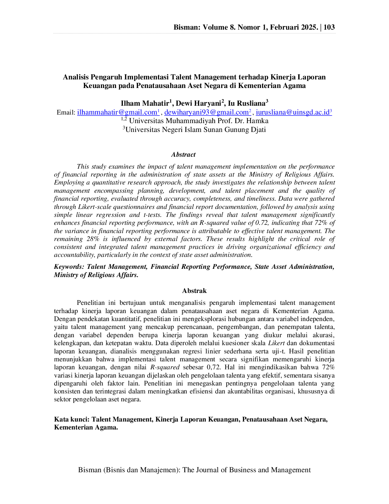 JURIS Analisis Pengaruh Implementasi Talent Management Terhadap Kinerja Laporan Keuangan Pada Penatausahaan Aset Negara Di Kementerian Agama