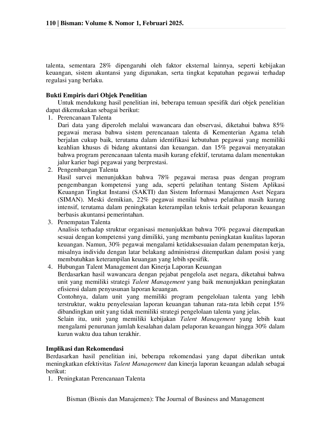 JURIS Analisis Pengaruh Implementasi Talent Management Terhadap Kinerja Laporan Keuangan Pada Penatausahaan Aset Negara Di Kementerian Agama