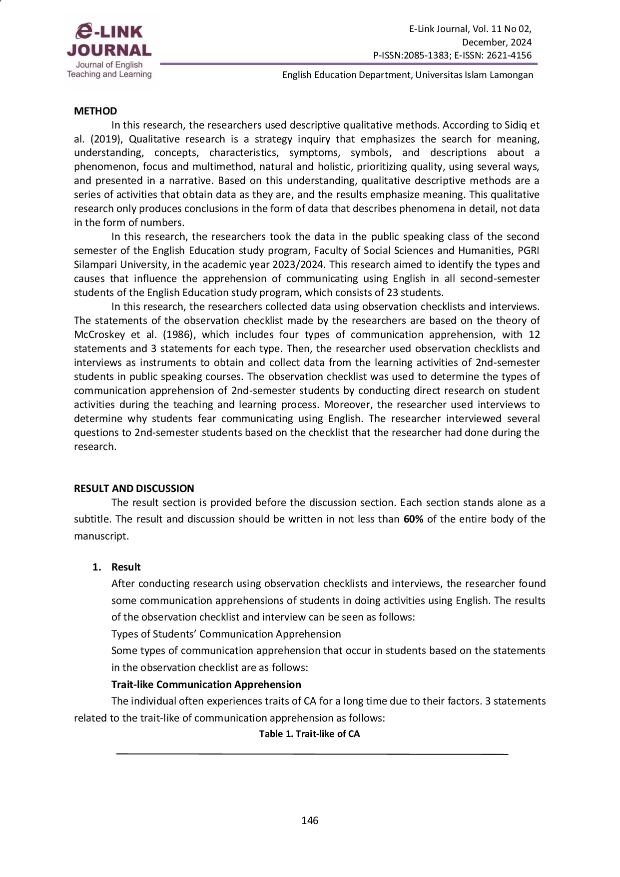 juris Second Semester Students Communication Apprehension In Learning English As A Foreign Language At Pgri Silampari University