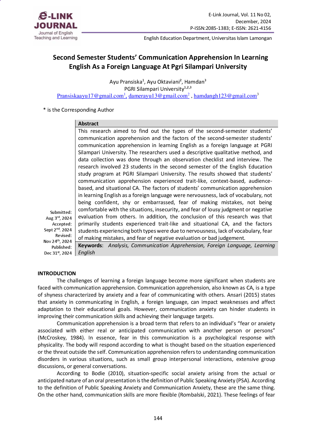 juris Second Semester Students Communication Apprehension In Learning English As A Foreign Language At Pgri Silampari University