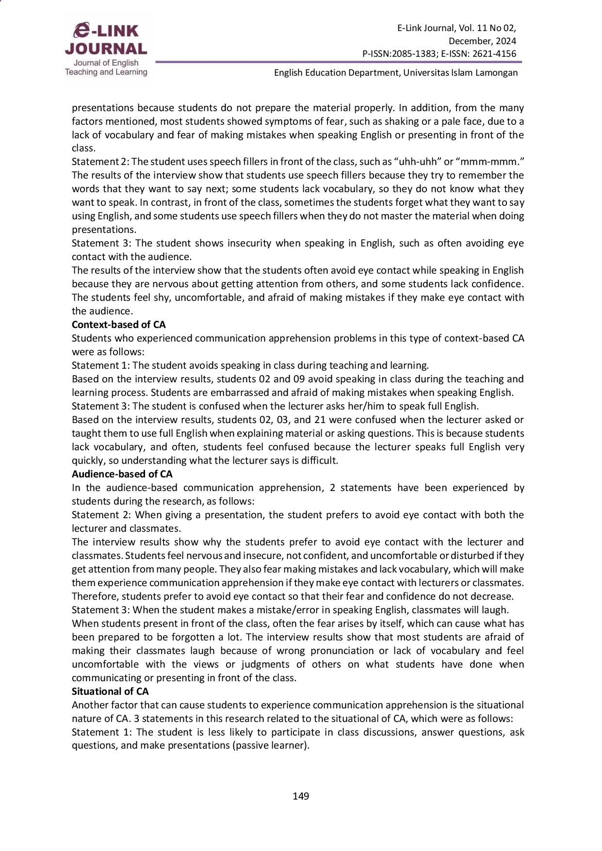 juris Second Semester Students Communication Apprehension In Learning English As A Foreign Language At Pgri Silampari University