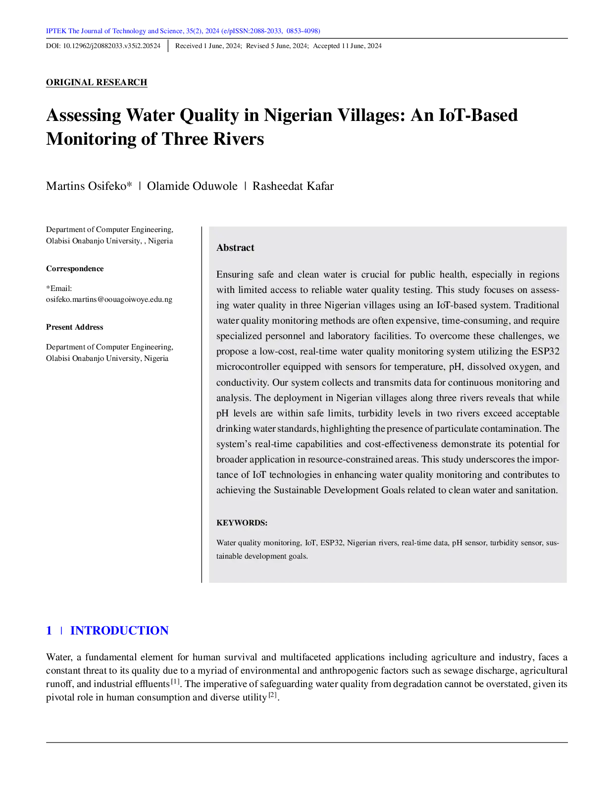 JURIS Assessing Water Quality in Nigerian Villages An IoT Based Monitoring of Three Rivers