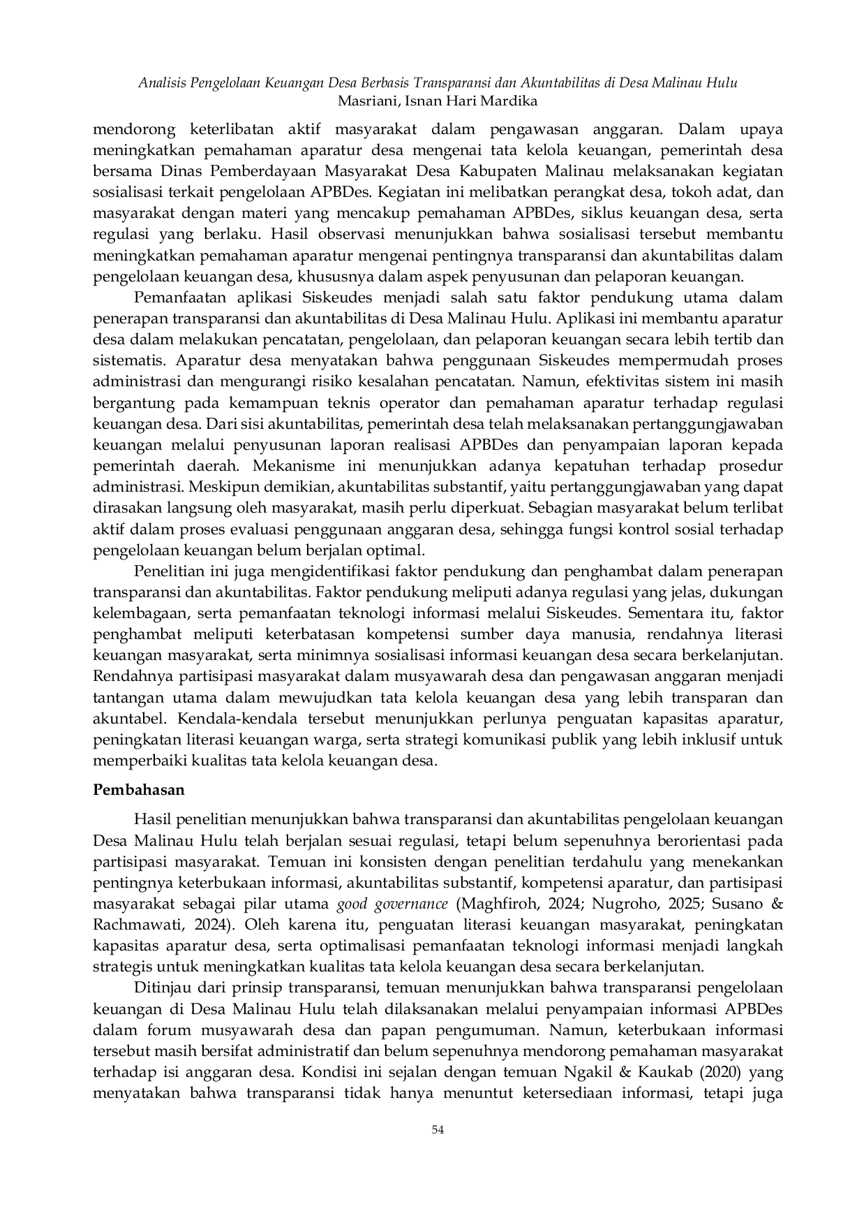 JURIS Analisis Pengelolaan Keuangan Desa Berbasis Transparansi dan Akuntabilitas di Desa Malinau Hulu
