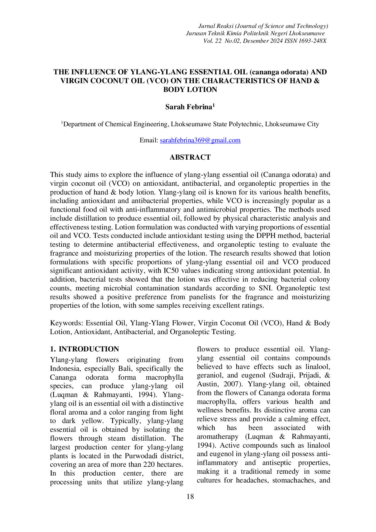 JURIS THE INFLUENCE OF YLANG YLANG ESSENTIAL OIL cananga odorata AND VIRGIN COCONUT OIL VCO ON THE CHARACTERISTICS OF HAND BODY LOTION