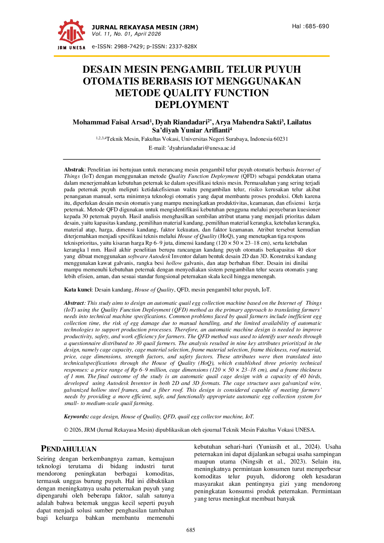 JURIS Desain Mesin Pengambil Telur Puyuh Otomatis Berbasis Iot Menggunakan Metode Quality Function Deployment