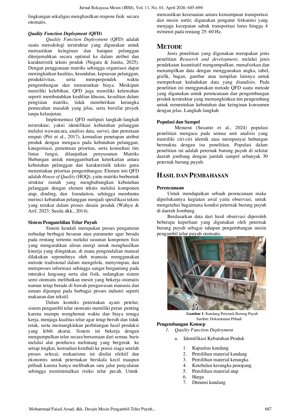 JURIS Desain Mesin Pengambil Telur Puyuh Otomatis Berbasis Iot Menggunakan Metode Quality Function Deployment
