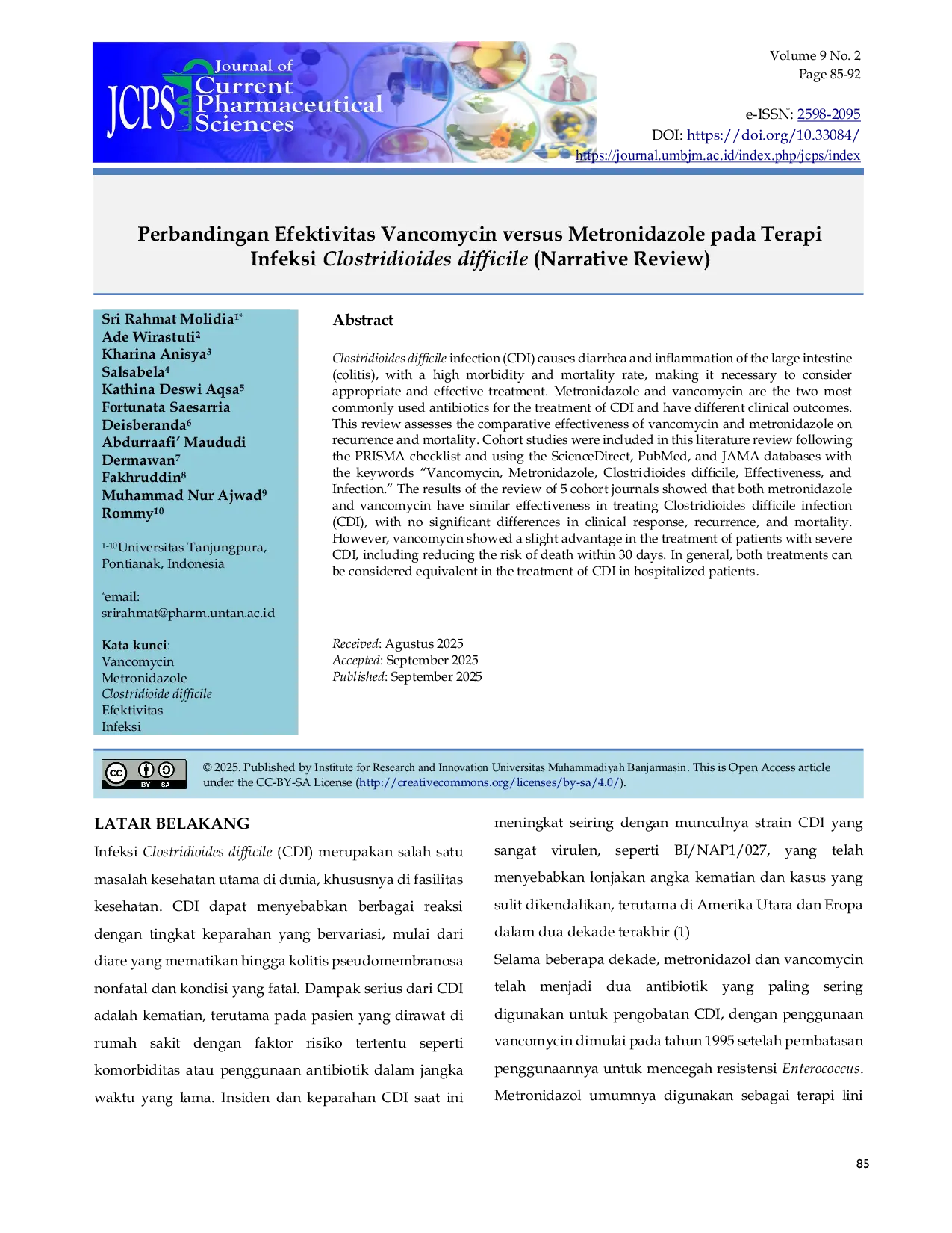 JURIS Perbandingan Efektivitas Vancomycin versus Metronidazole pada Terapi Infeksi Clostridioides difficile Narrative Review