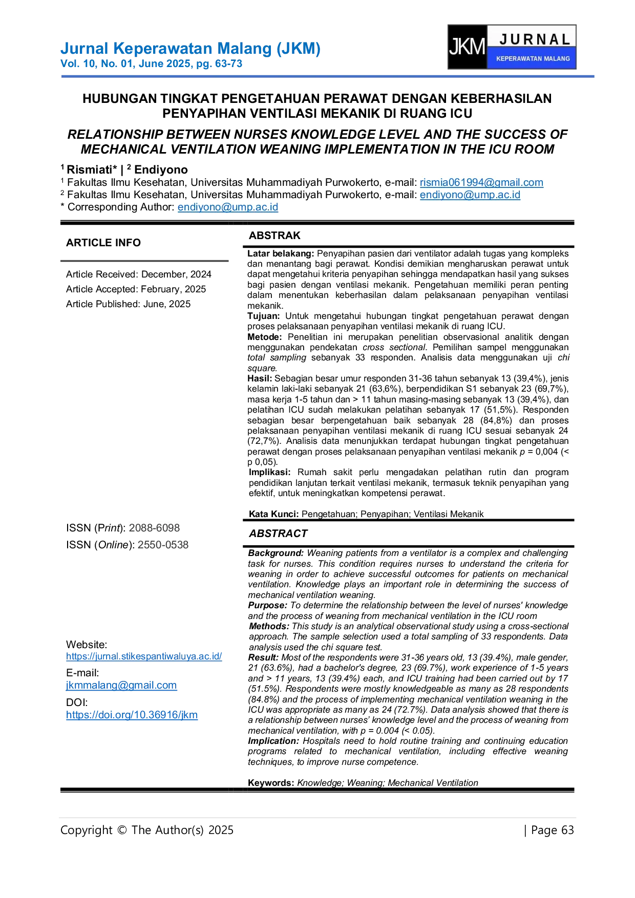 JURIS Hubungan Tingkat Pengetahuan Perawat Dengan Keberhasilan Penyapihan Ventilasi Mekanik Di Ruang ICU