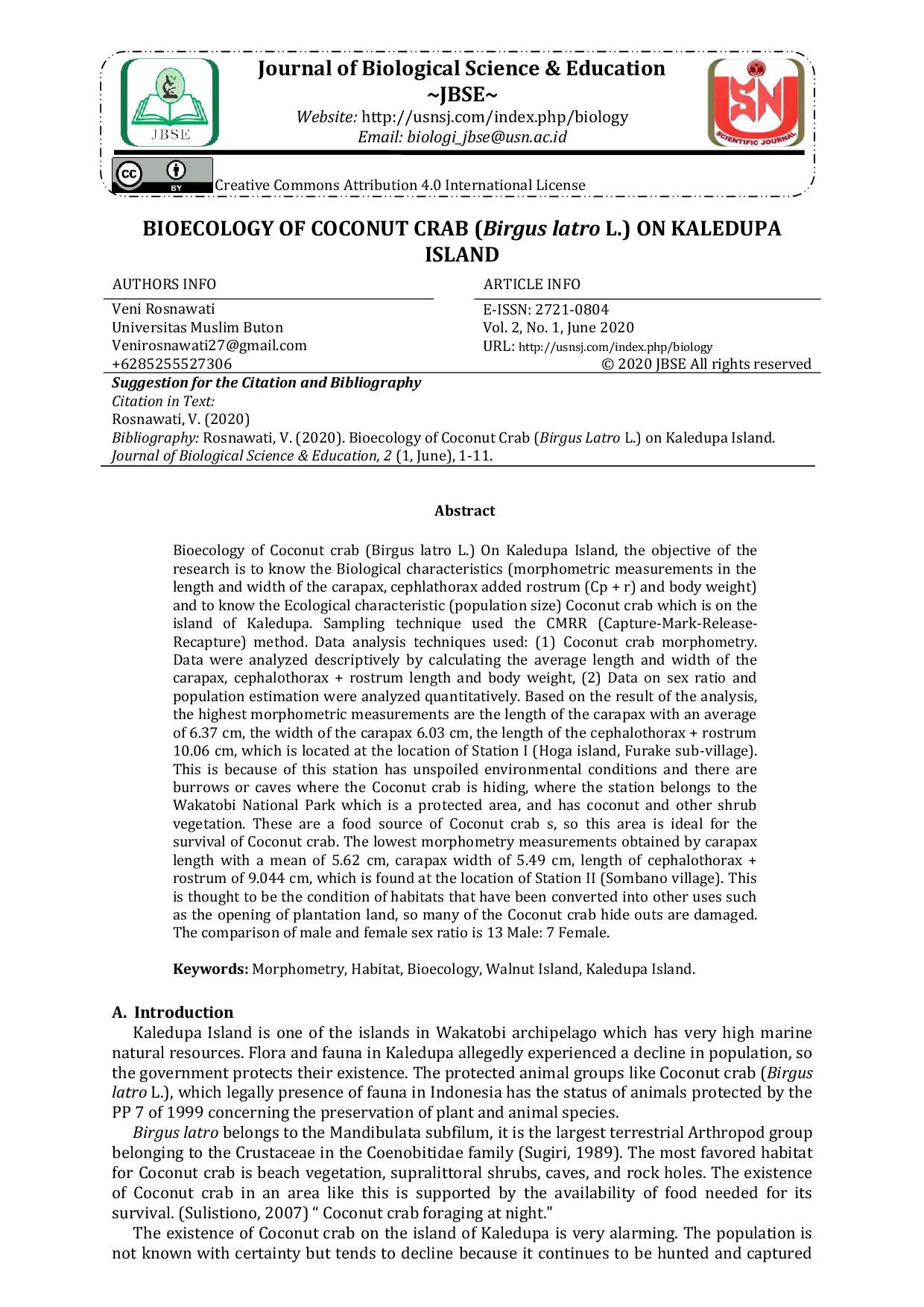 JURIS Bioecology of Coconut Crab Birgus latro L on Kaledupa Island