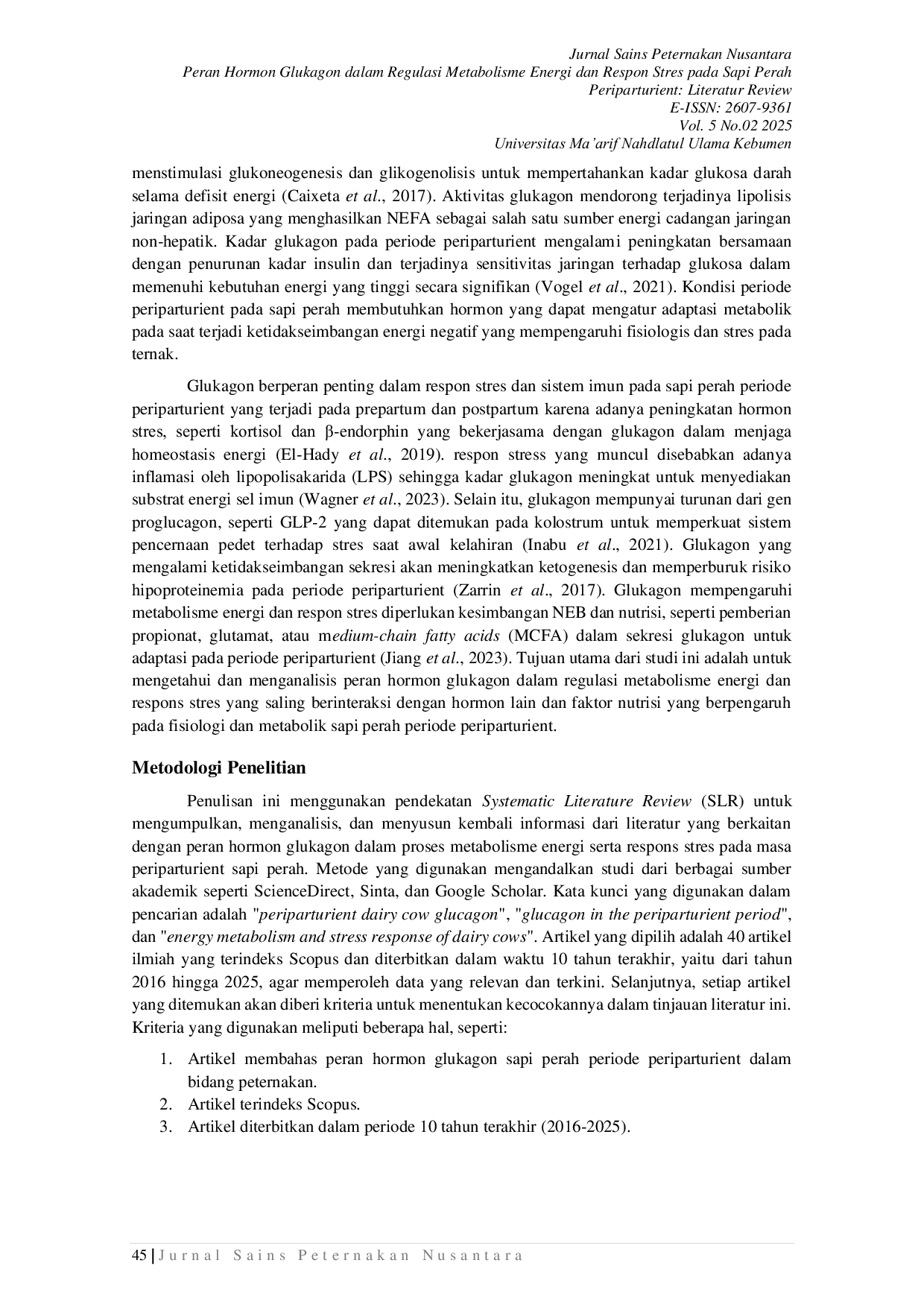 JURIS Peran Hormon Glukagon dalam Regulasi Metabolisme Energi dan Respon Stres pada Sapi Perah Periparturient Literatur Review
