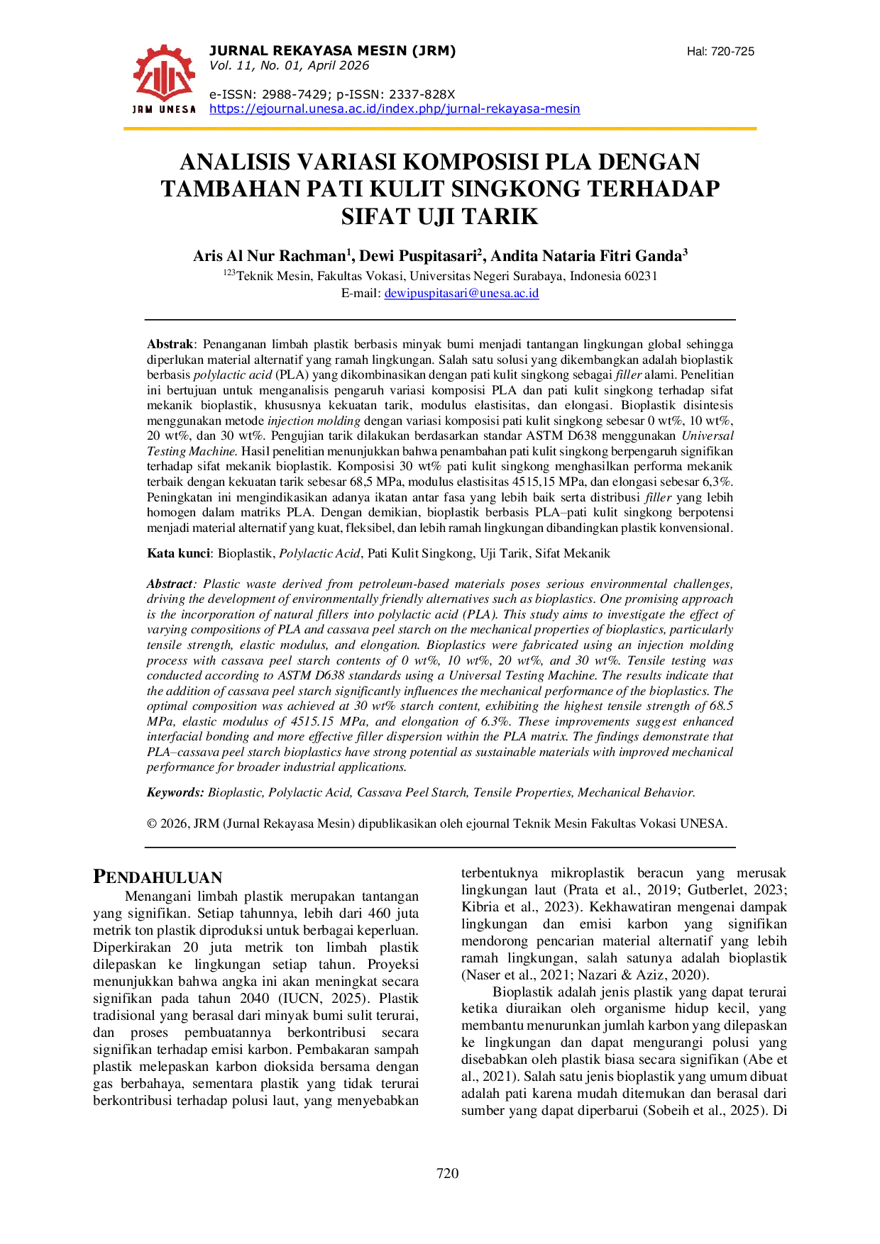 JURIS Analisis Variasi Komposisi PLA dengan Tambahan Pati Kulit Singkong Terhadap Sifat Uji Tarik