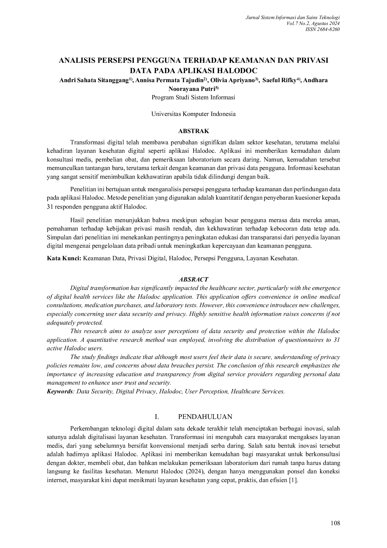 JURIS Analysis of User Perception Regarding Data Security and Privacy in the Halodoc Application