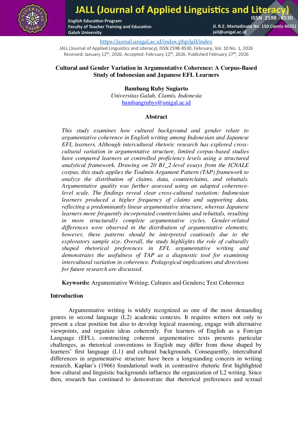 JURIS Cultural and Gender Variation in Argumentative Coherence A Corpus Based Study of Indonesian and Japanese EFL Learners