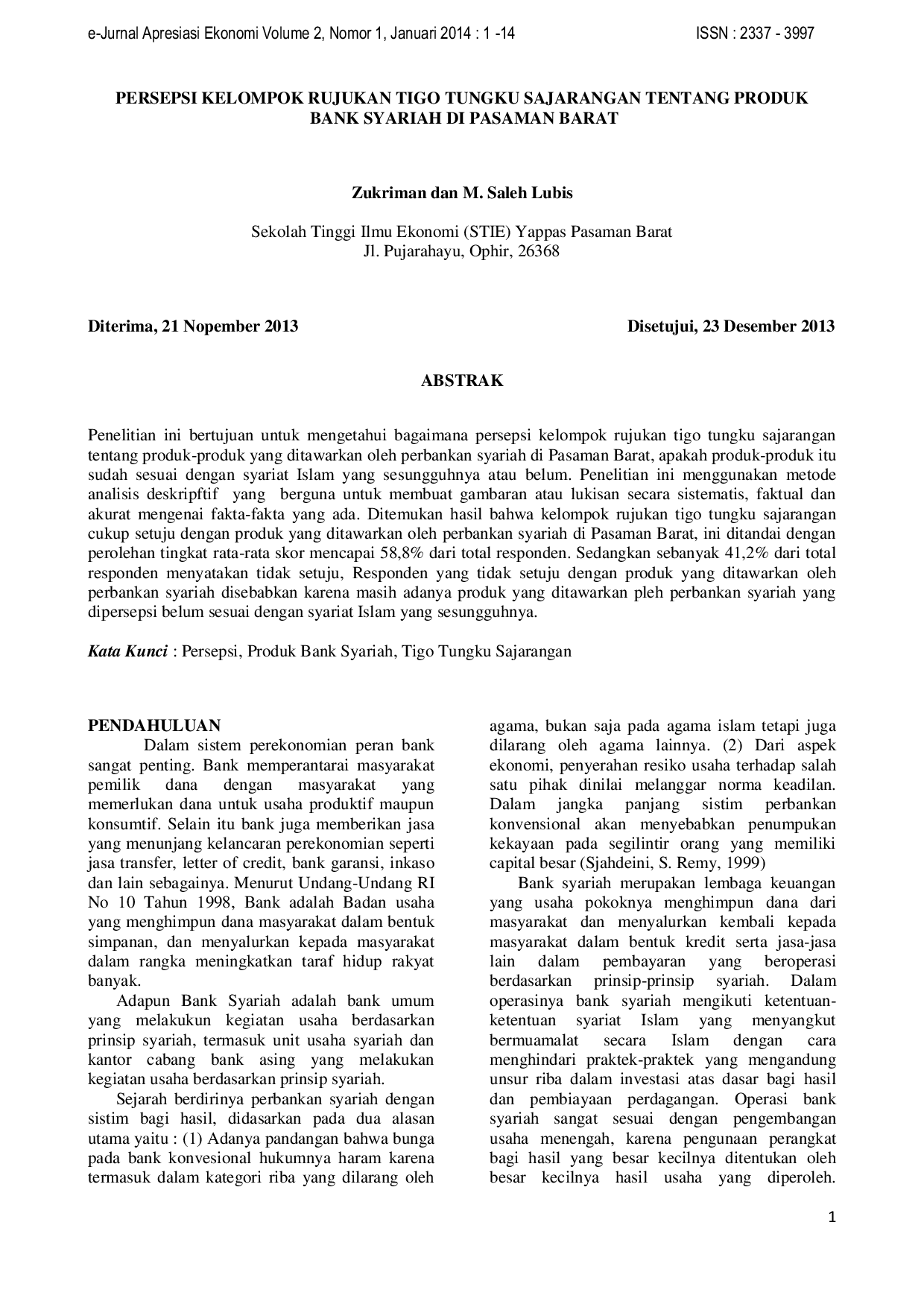 JURIS Persepsi Kelompok Rujukan Tigo Tungku Sajarangan Tentang Produk Bank Syariah Di Pasaman Barat