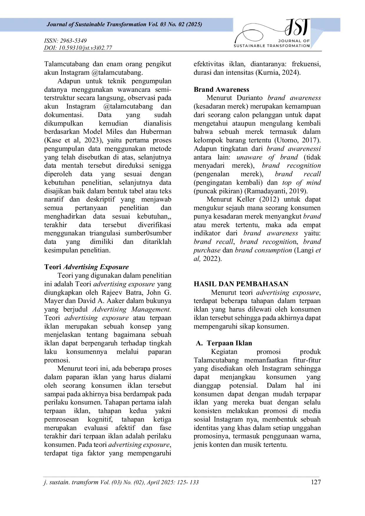 JURIS Analisis Strategi Promosi Akun Instagram Talamcutabang Dalam Membangun Brand Awareness