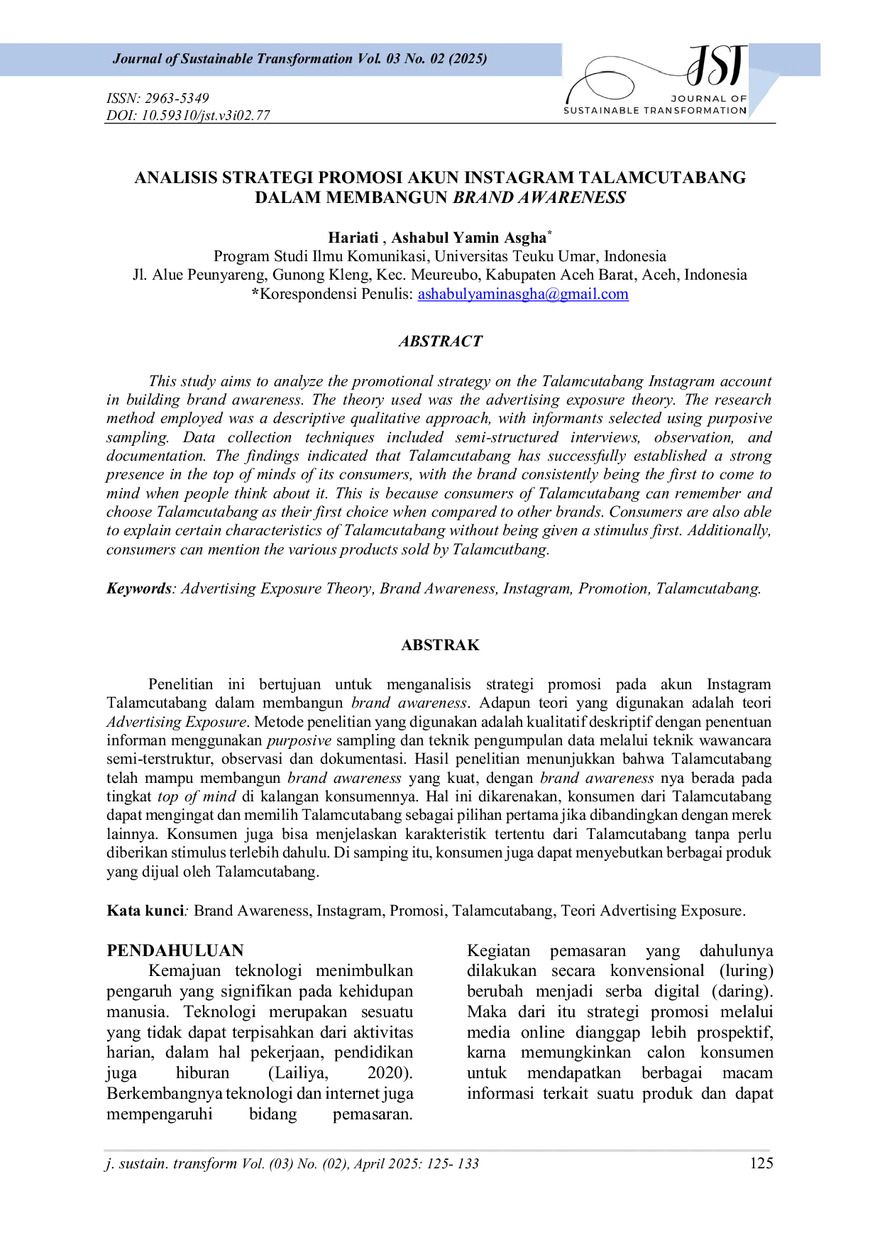 JURIS Analisis Strategi Promosi Akun Instagram Talamcutabang Dalam Membangun Brand Awareness