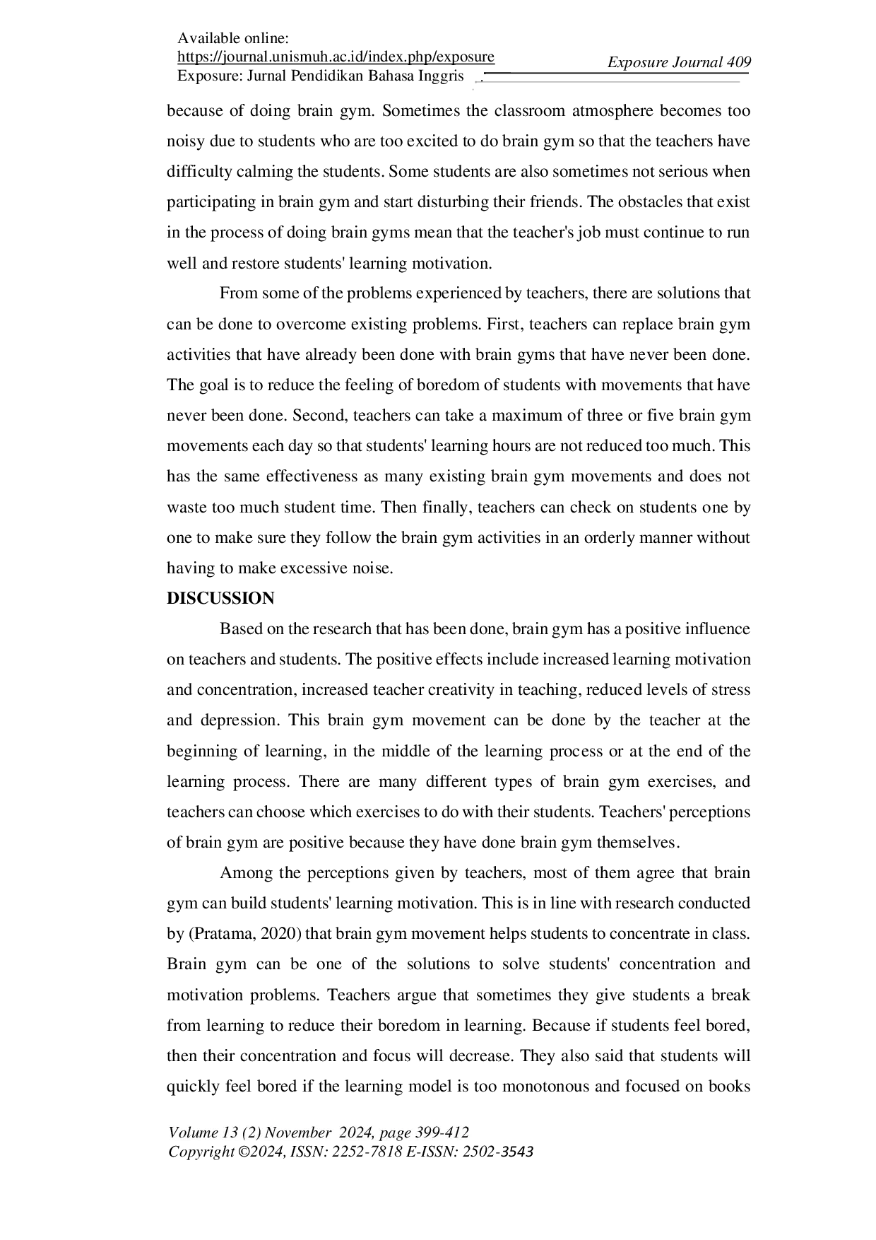 JURIS Teacher s Perception of Brain Gym Exercises to Build Students Learning Motivation