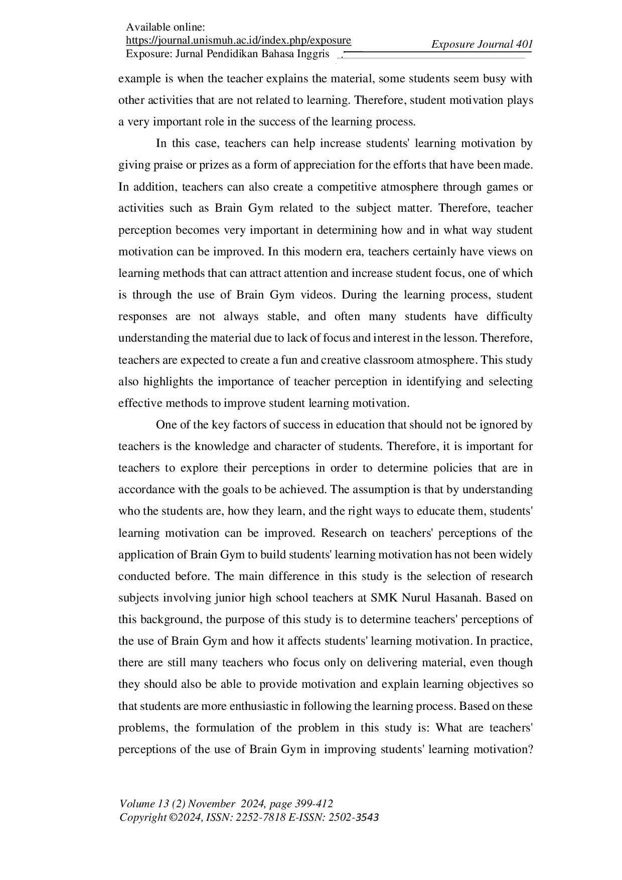 JURIS Teacher s Perception of Brain Gym Exercises to Build Students Learning Motivation