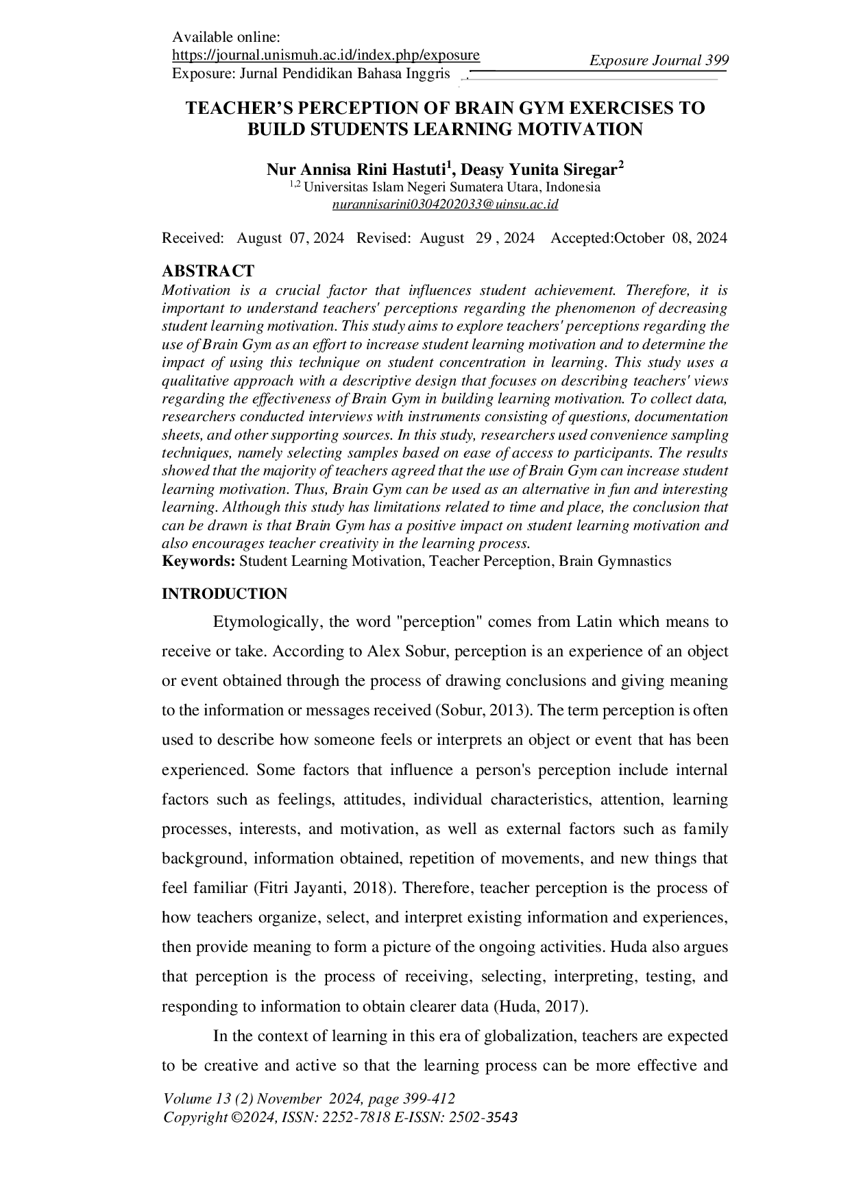 JURIS Teacher s Perception of Brain Gym Exercises to Build Students Learning Motivation