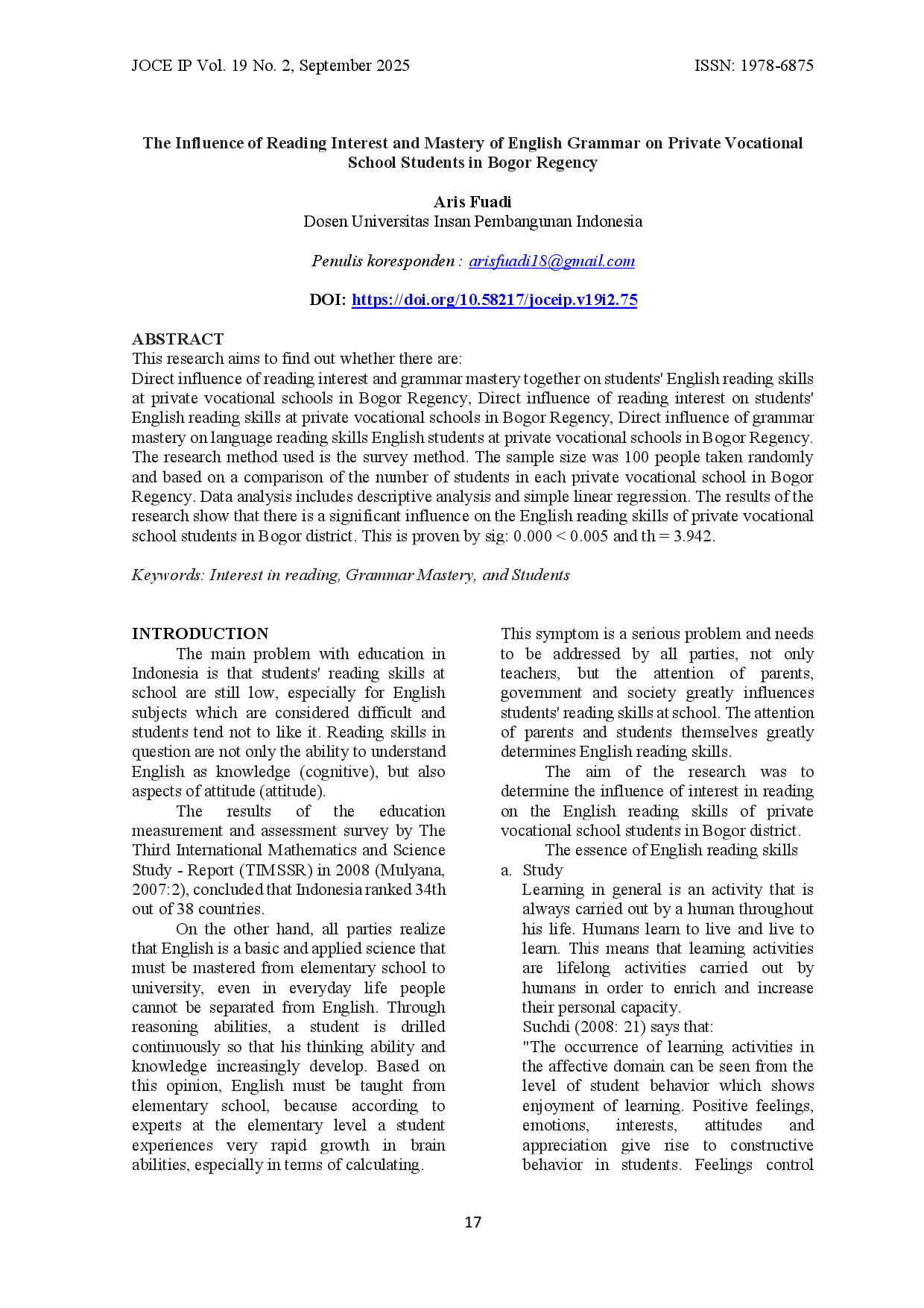 juris The INFLUENCE OF READING INTEREST AND MASTERY OF ENGLISH GRAMMAR ON PRIVATE VOCATIONAL SCHOOL STUDENTS IN BOGOR REGENCY