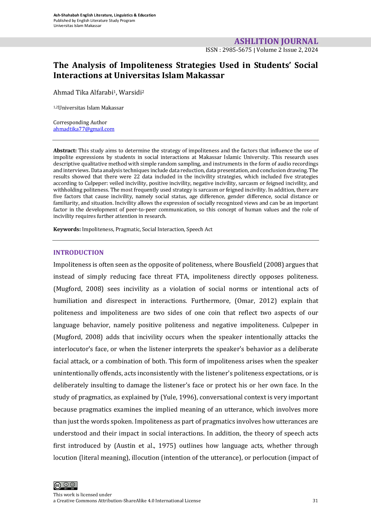 JURIS The Analysis of Impoliteness Strategies Used in Students Social Interactions at Universitas Islam Makassar