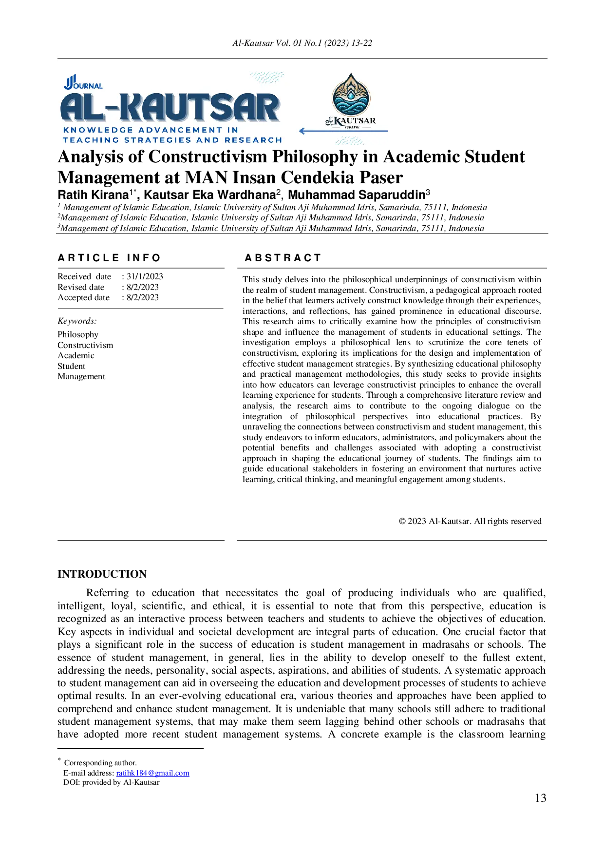 JURIS Analysis Of Constructivism Philosophy In Academic Student Management At Man Insan Cendekia Paser