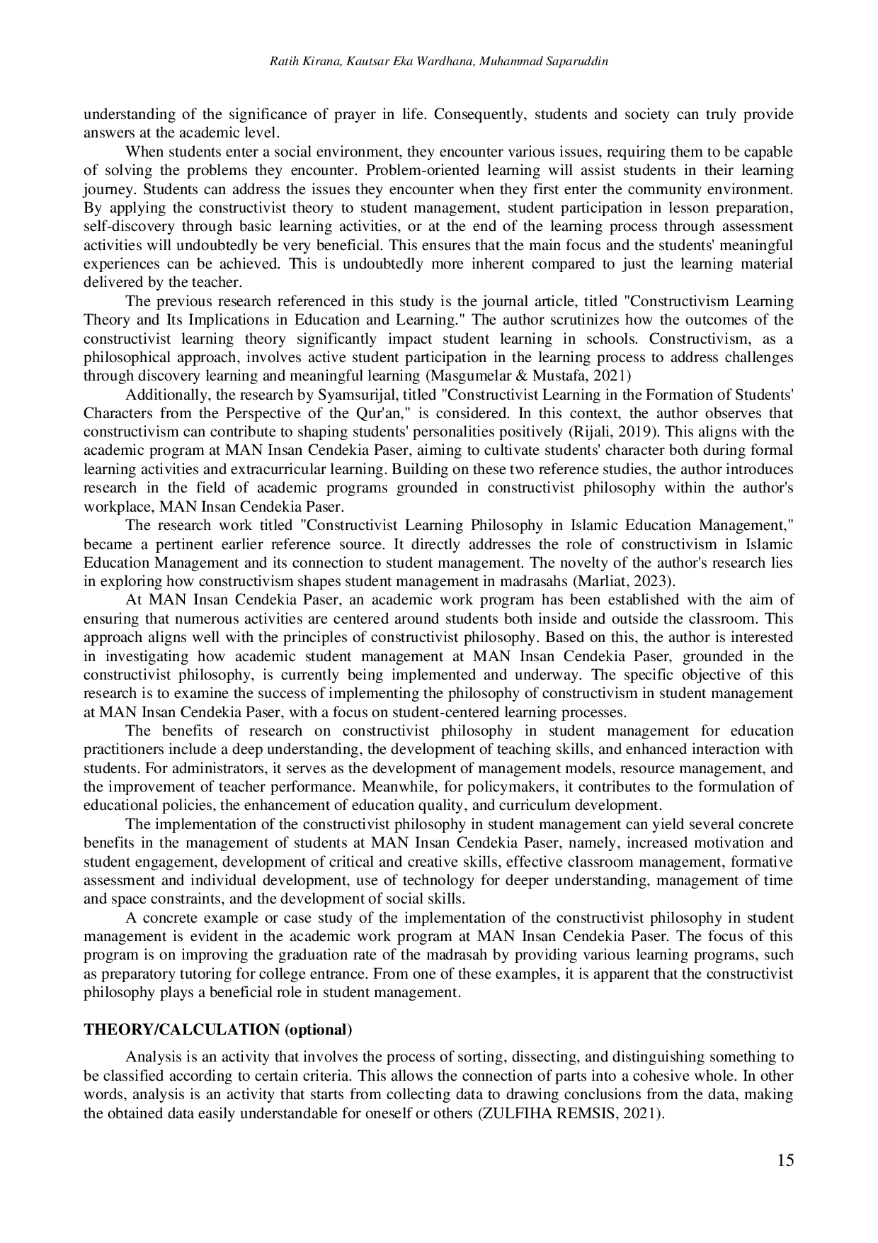 JURIS Analysis Of Constructivism Philosophy In Academic Student Management At Man Insan Cendekia Paser
