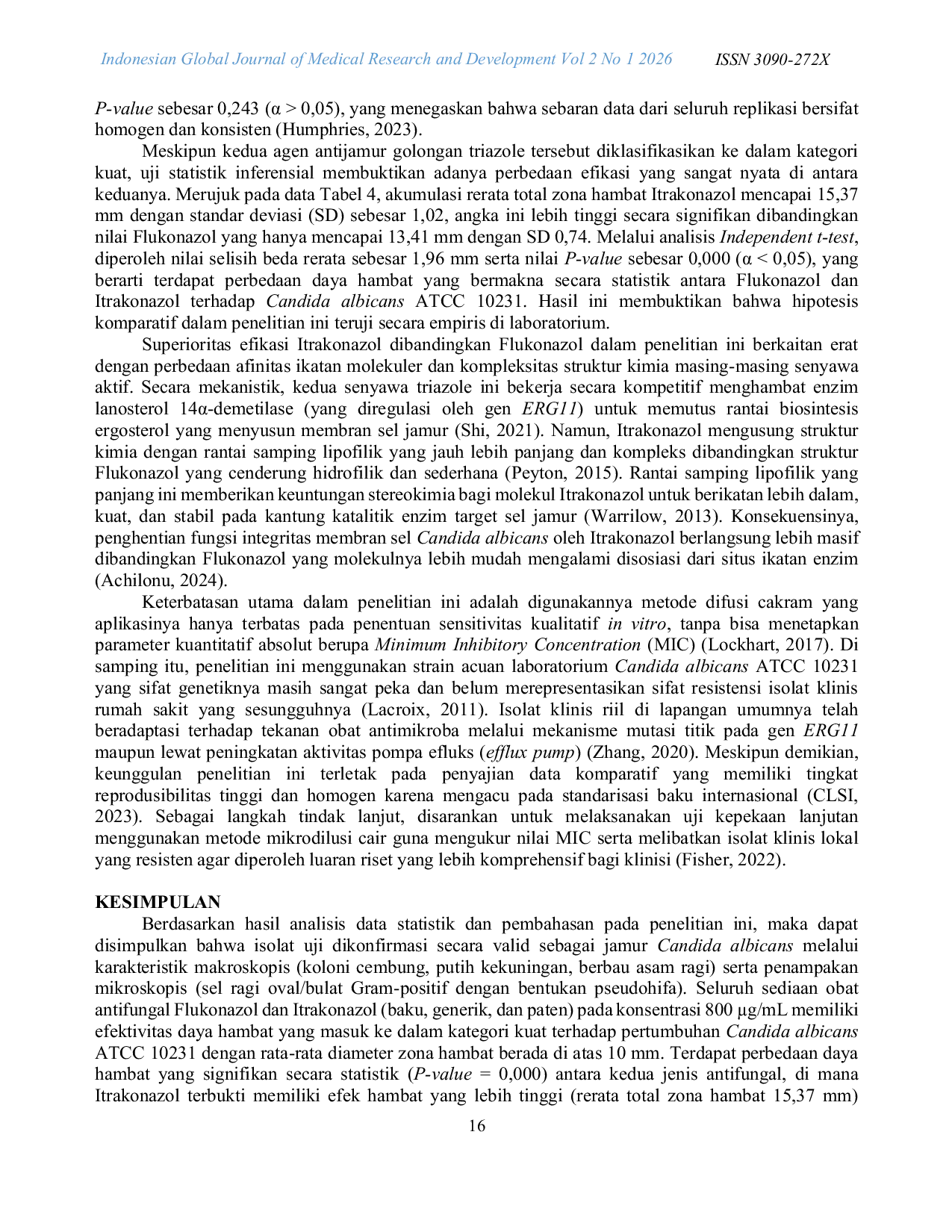 JURIS Comparison Of Antifungal Inhibitory Effect Of Fluconazole And Itraconazole Against Candida Albicans Atcc 10231 Using Disc Diffusion Method