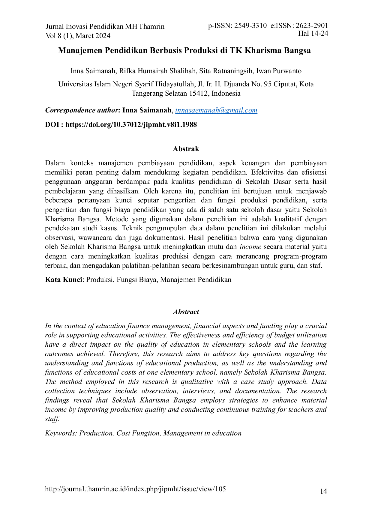 JURIS Manajemen Pendidikan Berbasis Produksi di TK Kharisma Bangsa