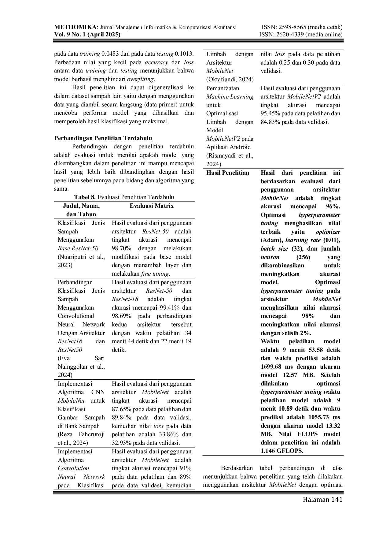 JURIS Klasifikasi Jenis Sampah Berbasis Convolutional Neural Network dengan Optimasi Hyperparameter Tuning Arsitektur Mobilenet