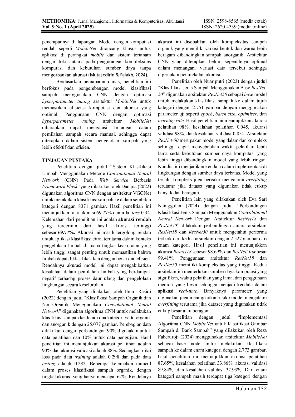 JURIS Klasifikasi Jenis Sampah Berbasis Convolutional Neural Network dengan Optimasi Hyperparameter Tuning Arsitektur Mobilenet