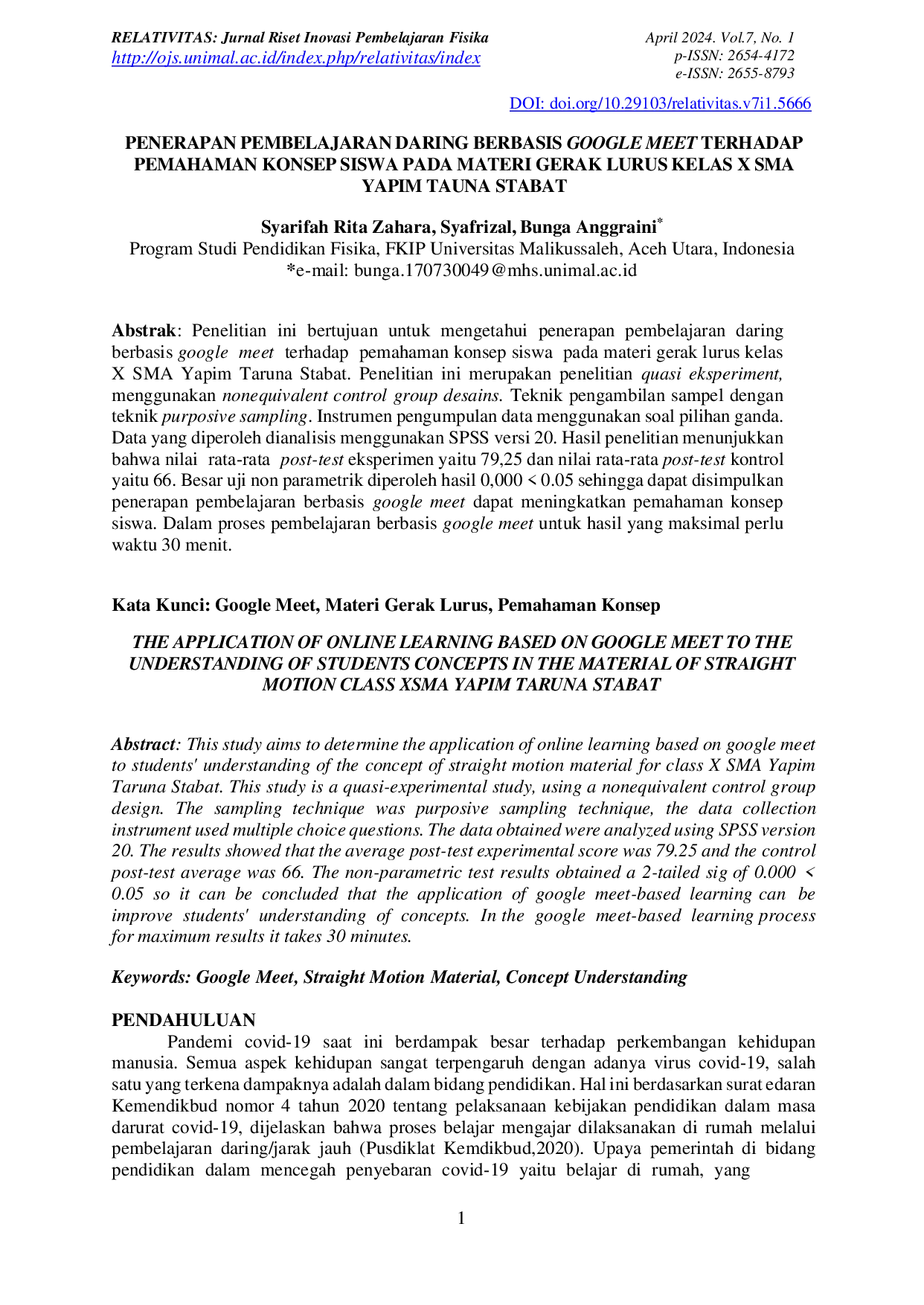 JURIS Penerapan Pembelajaran Daring Berbasis Google Meet Terhadap Pemahaman Konsep Siswa Pada Materi Gerak Lurus Kelas X SMA