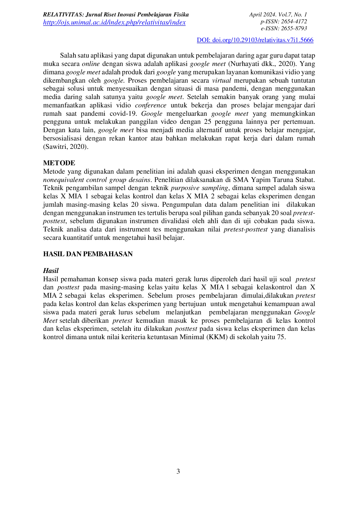 JURIS Penerapan Pembelajaran Daring Berbasis Google Meet Terhadap Pemahaman Konsep Siswa Pada Materi Gerak Lurus Kelas X SMA