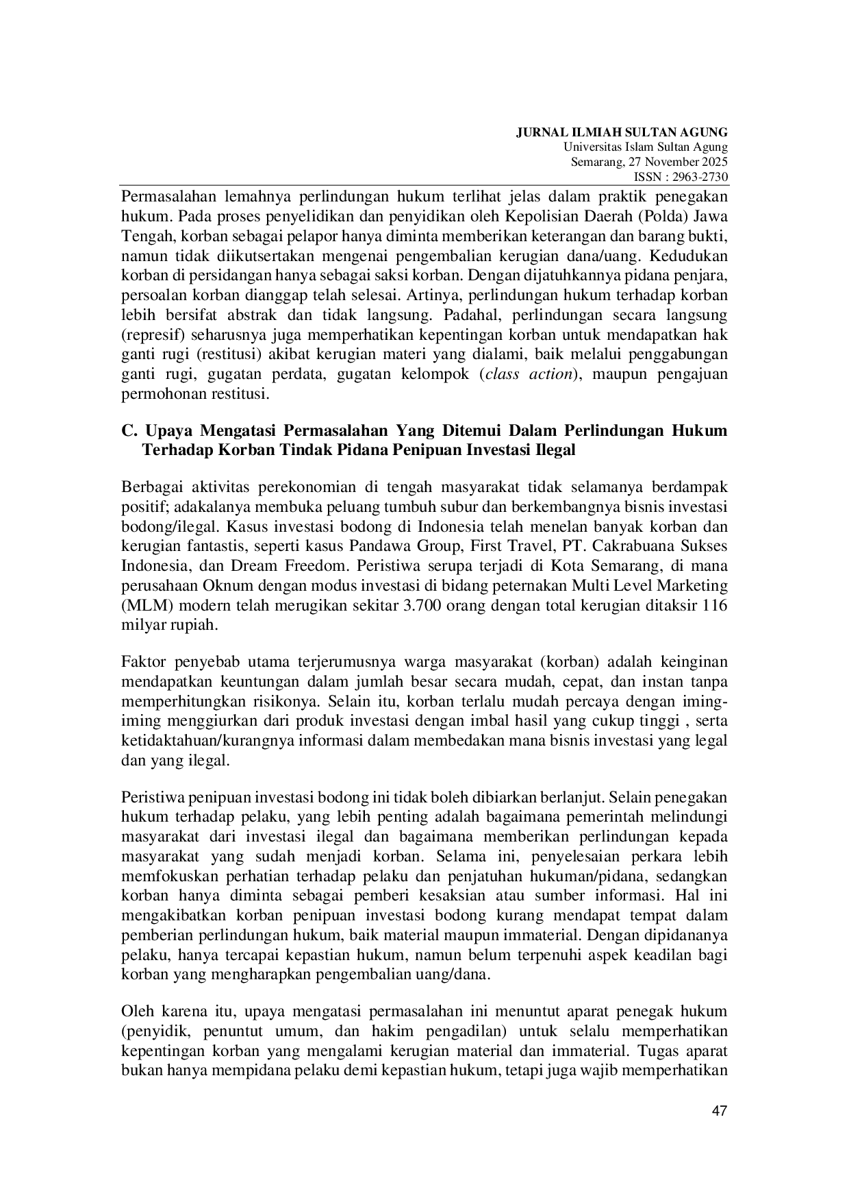 JURIS PERLINDUNGAN HUKUM TERHADAP KORBAN TINDAK PIDANA PENIPUAN INVESTASI ILEGAL Studi Kasus Impersonation di Media Sosial