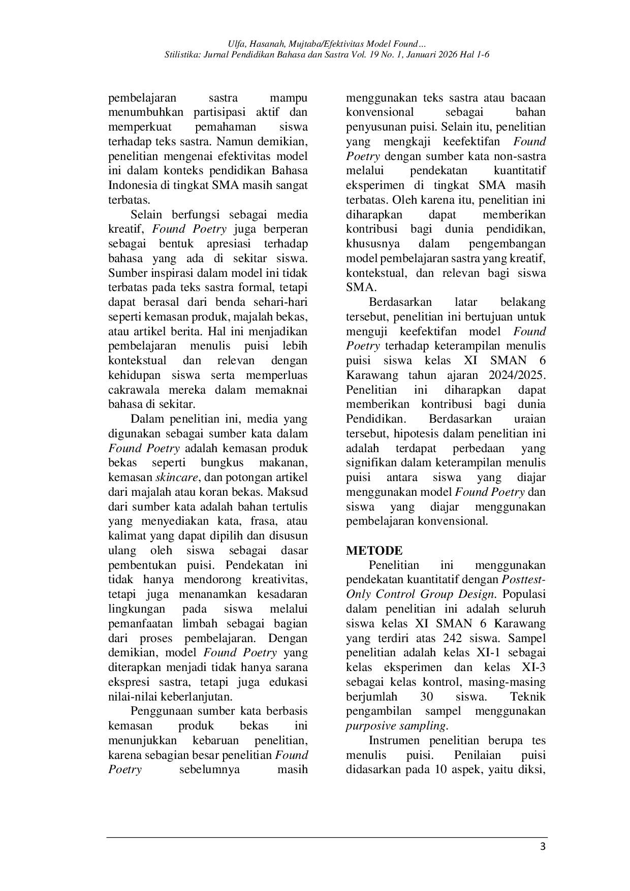 JURIS Efektivitas Model Found Poetry Terhadap Keterampilan Menulis Puisi Siswa Kelas XI SMAN 6 Karawang