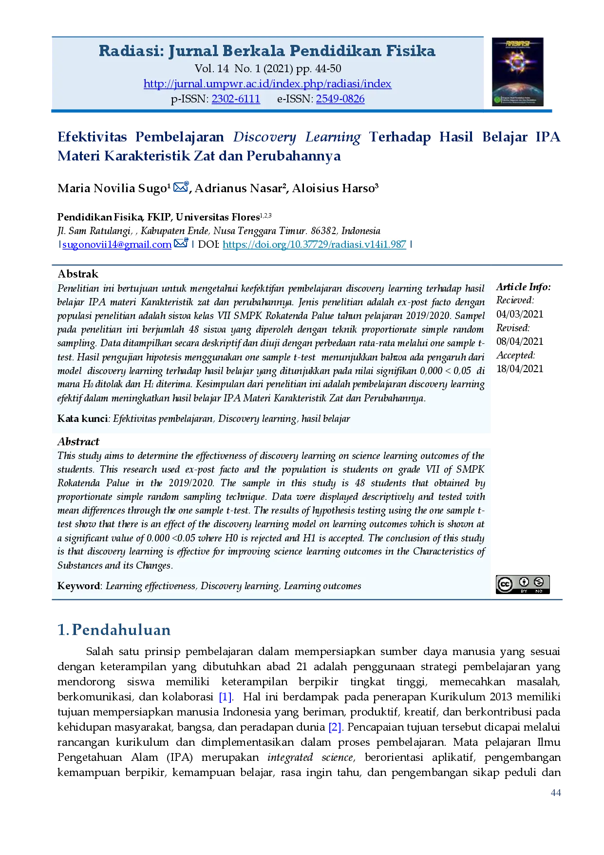 juris Efektivitas Pembelajaran Discovery Learning Terhadap Hasil Belajar IPA Materi Karakteristik Zat dan Perubahannya