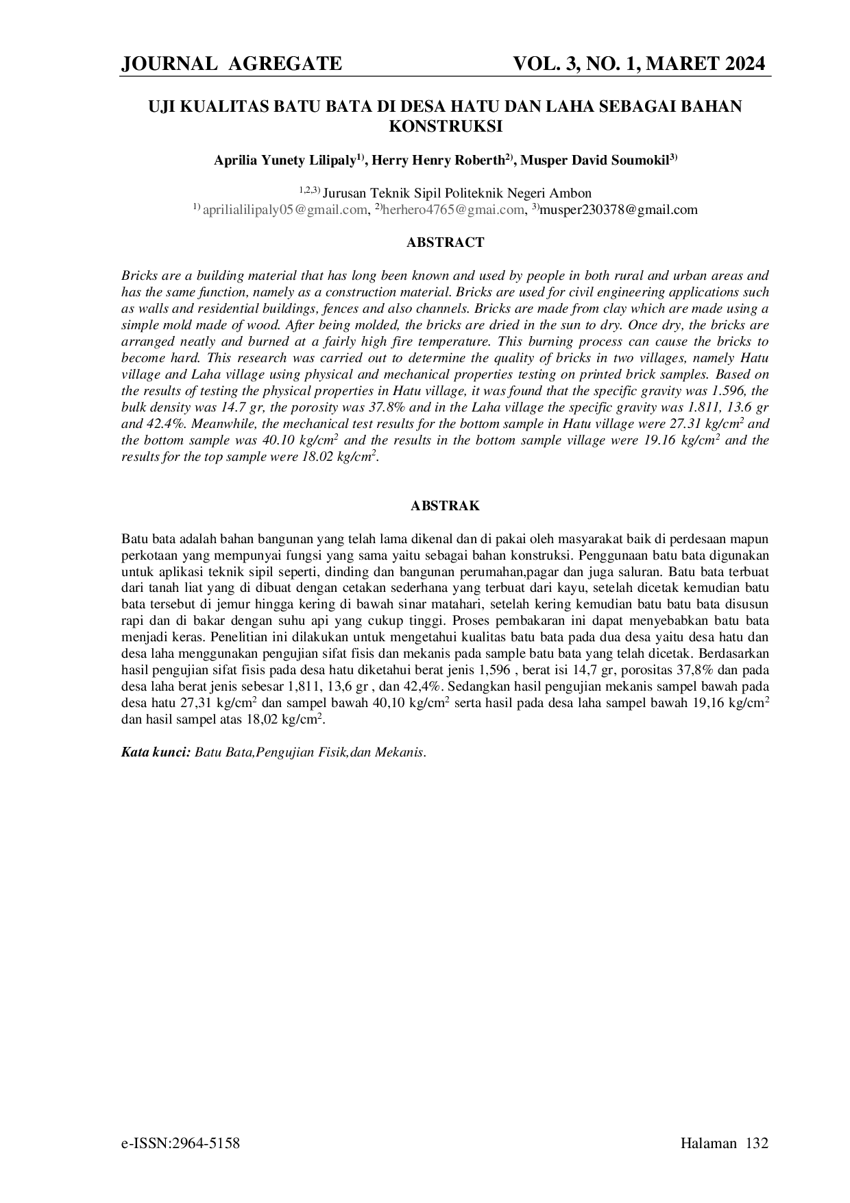 JURIS Uji Kualitas Batu Bata di Desa Hatu dan Laha Sebagai Bahan Konstruksi