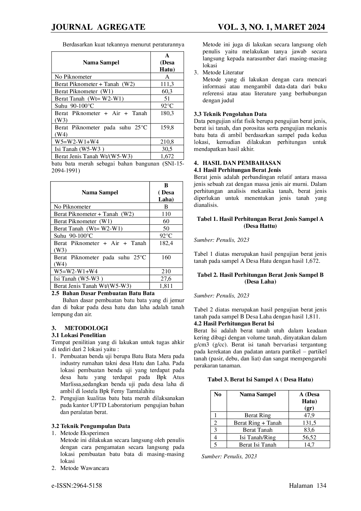 JURIS Uji Kualitas Batu Bata di Desa Hatu dan Laha Sebagai Bahan Konstruksi