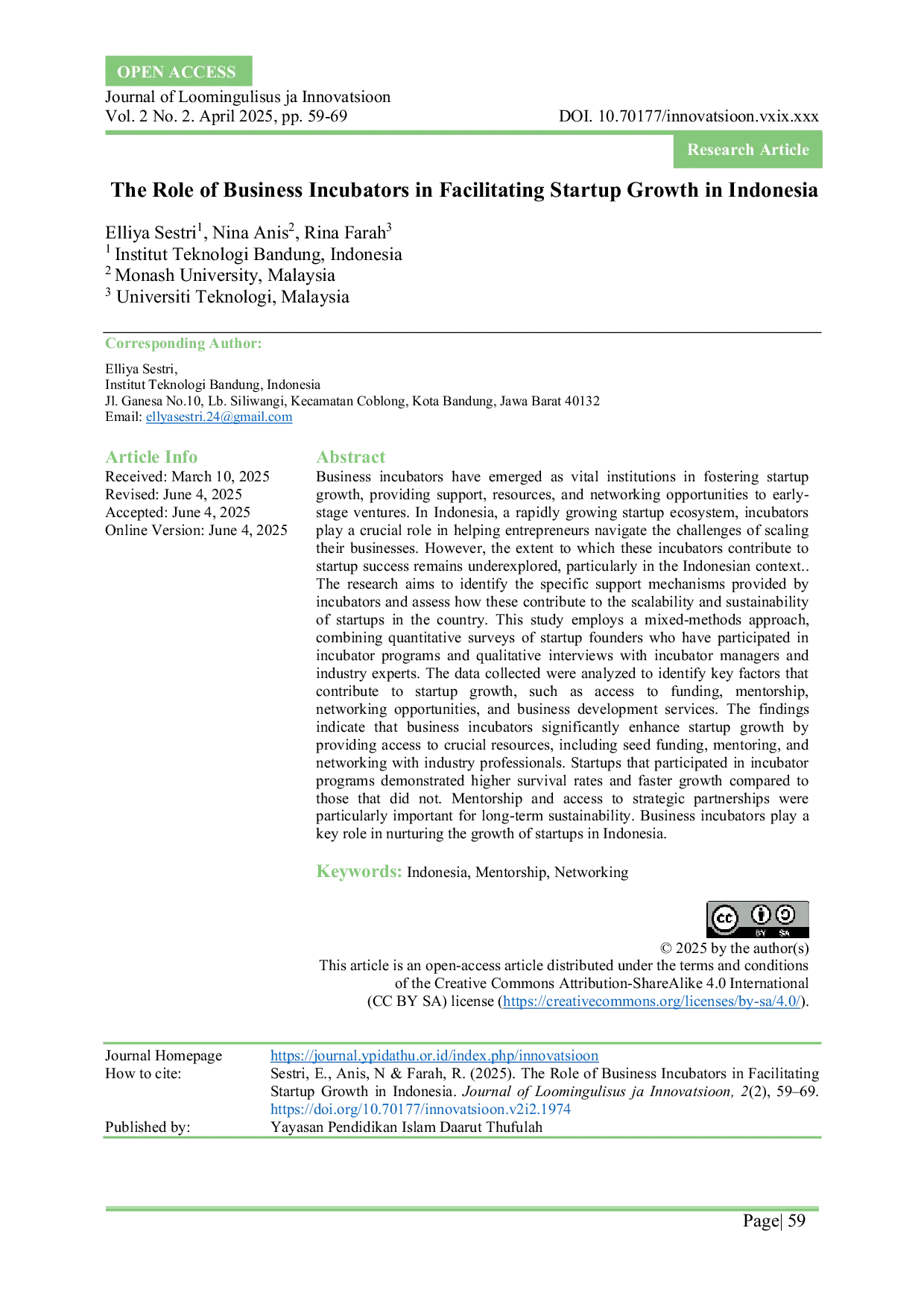 JURIS The Role of Business Incubators in Facilitating Startup Growth in Indonesia