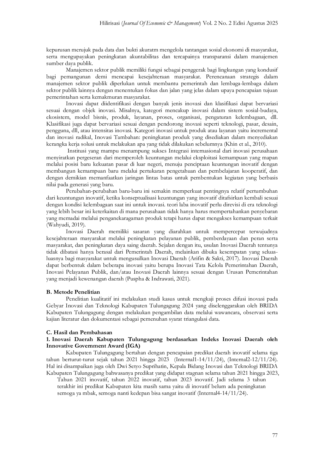 JURIS Difusi Inovasi Gebyar Inovasi dan Kabupaten Tulungagung 2024 Dalam Upaya Meningkatkan Indeks Inovasi Daerah