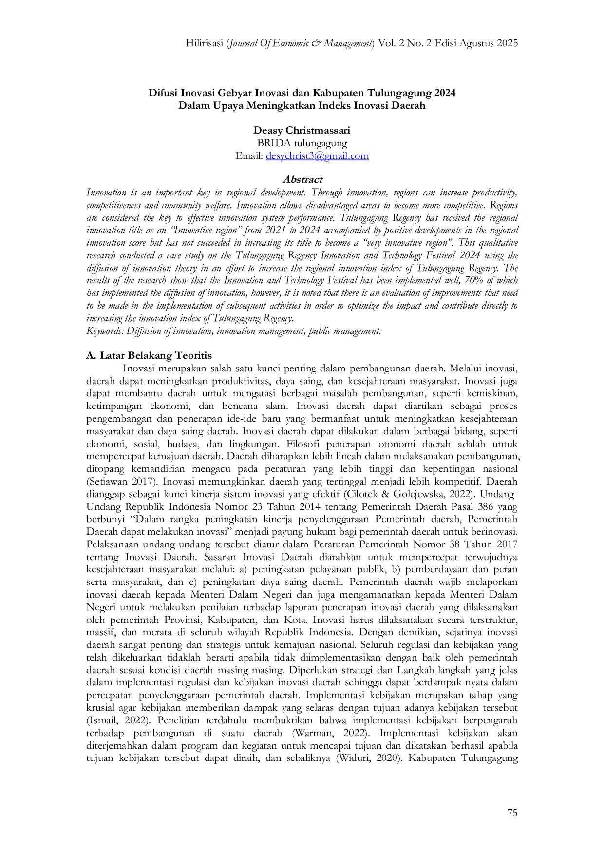 JURIS Difusi Inovasi Gebyar Inovasi dan Kabupaten Tulungagung 2024 Dalam Upaya Meningkatkan Indeks Inovasi Daerah