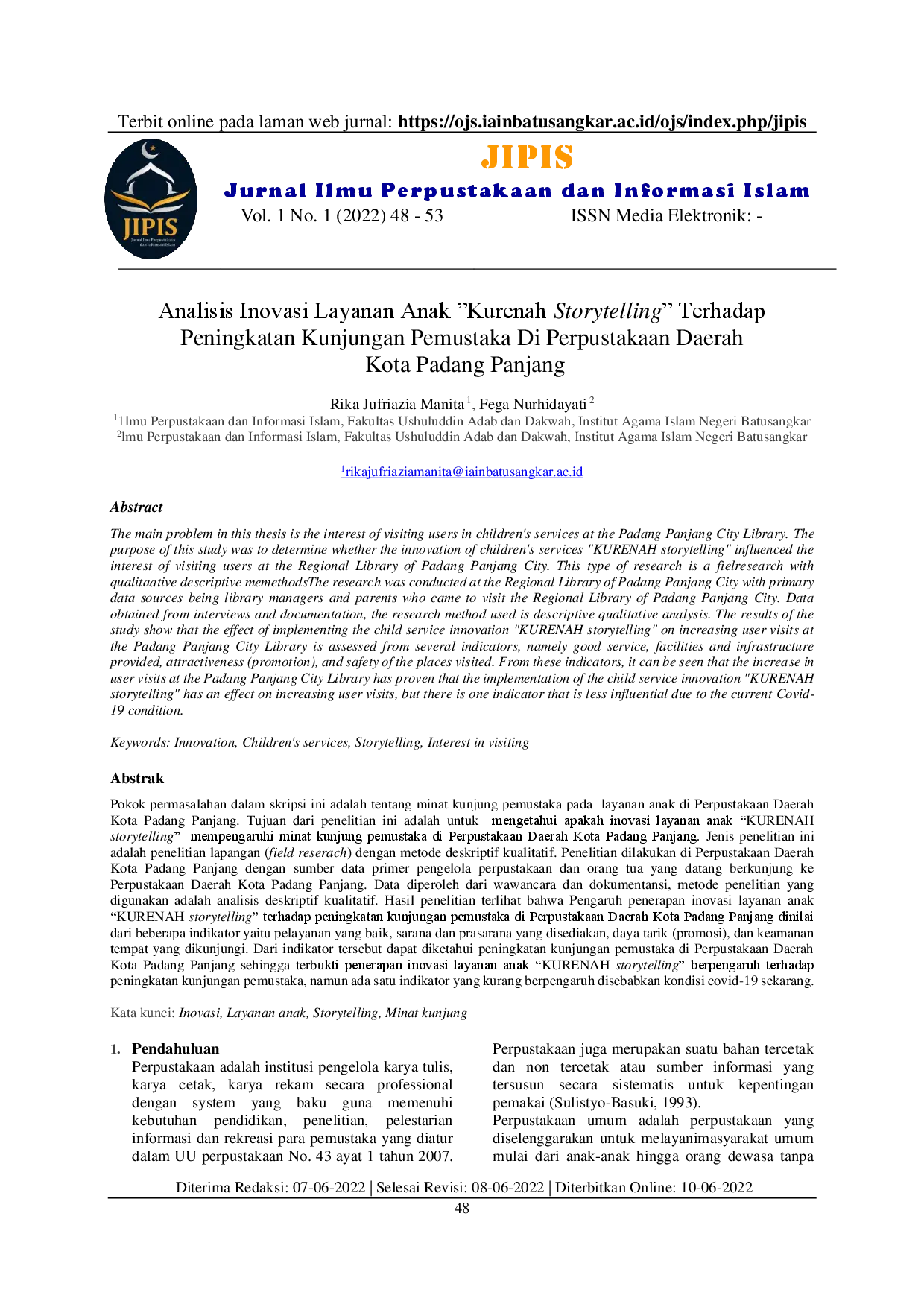 juris Analisis Inovasi Layanan Anak Kurenah Storytelling Terhadap Peningkatan Kunjungan Pemustaka Di Perpustakaan Daerah Kota Padang Panjang