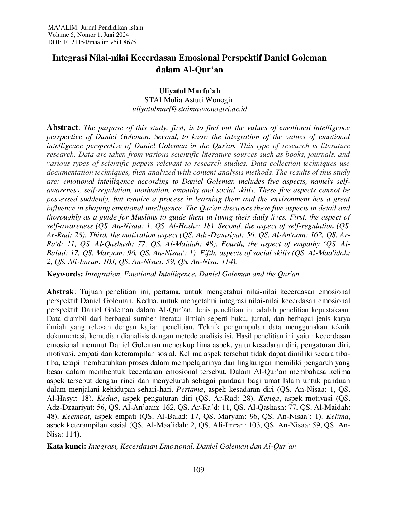 JURIS Integrasi Nilai nilai Kecerdasan Emosional Perspektif Daniel Goleman dalam Al Qur an