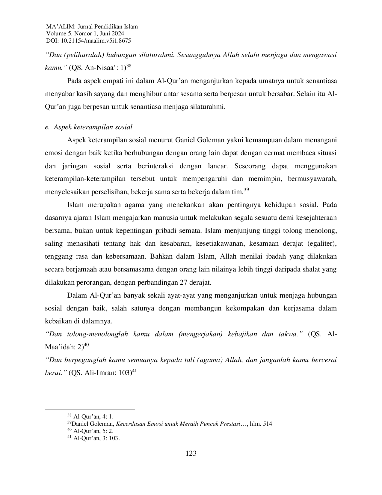 JURIS Integrasi Nilai nilai Kecerdasan Emosional Perspektif Daniel Goleman dalam Al Qur an