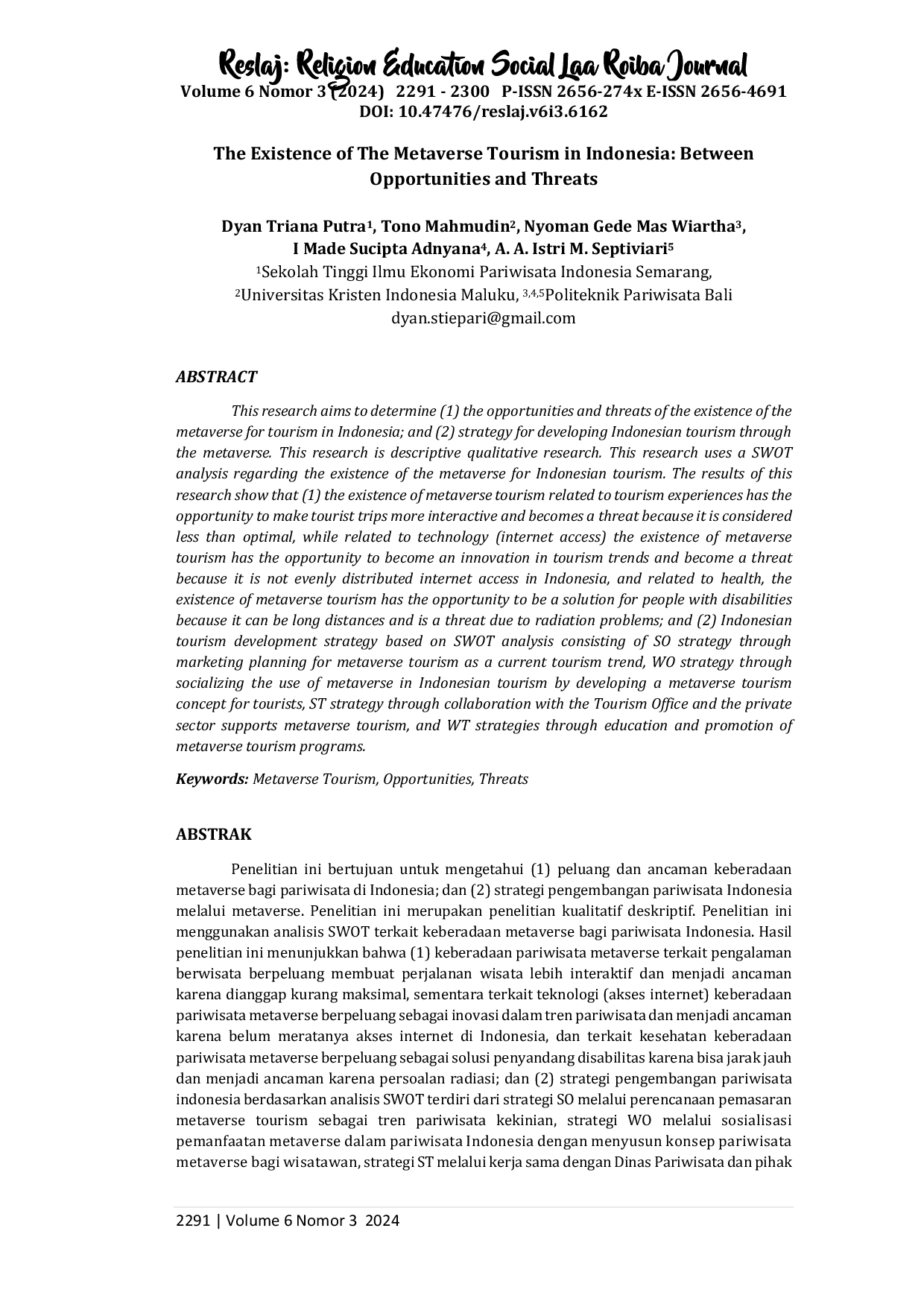 JURIS The Existence of The Metaverse Tourism in Indonesia Between Opportunities and Threats