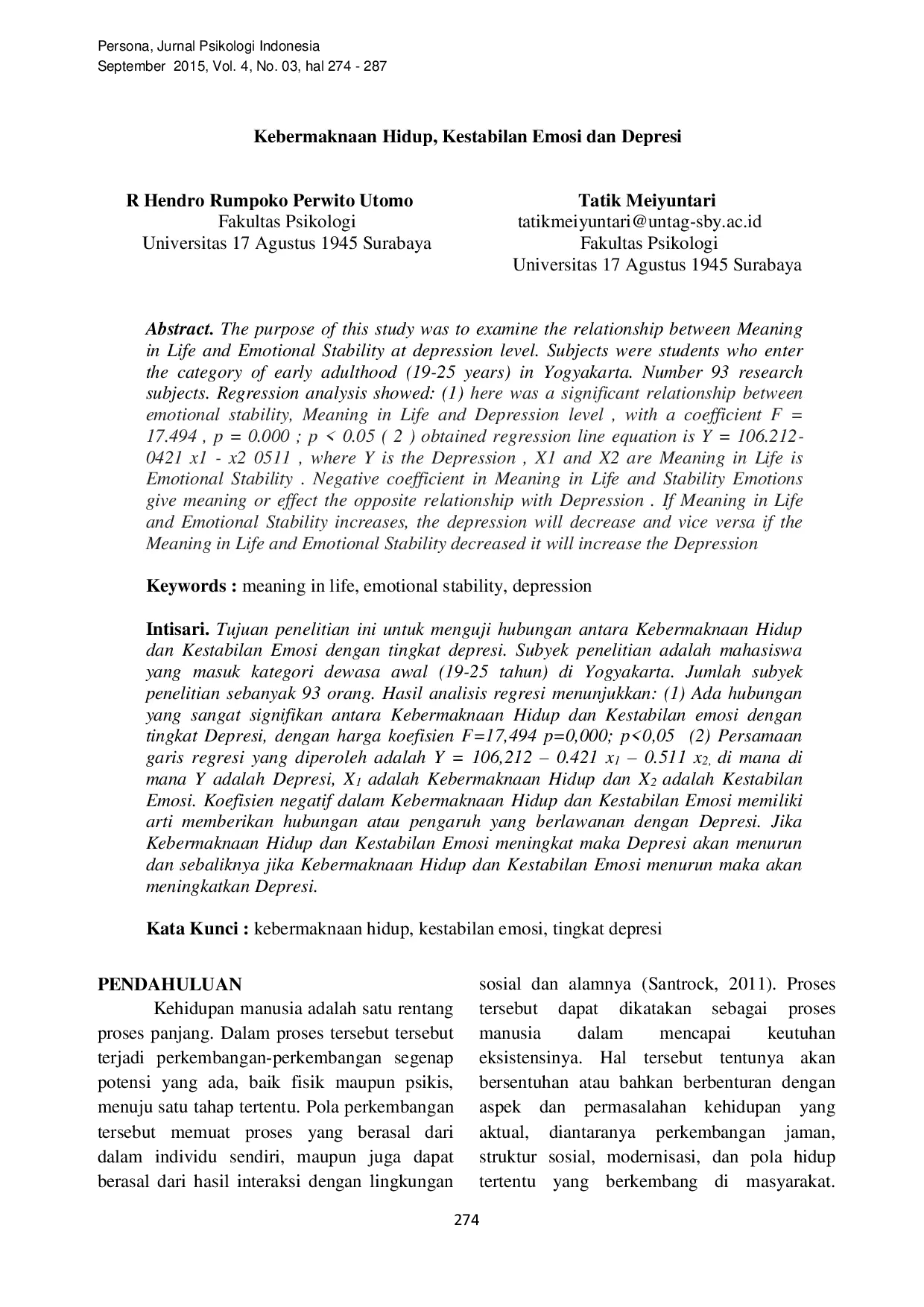 JURIS Kebermaknaan Hidup Kestabilan Emosi dan Depresi